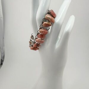 Pink Rhodochrosite Natural Stone Silver Toned Bracelet